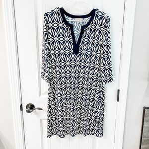 Banana Republic Navy and White Stretch 3/4 Sleeve Geometric Print Shift Dress M